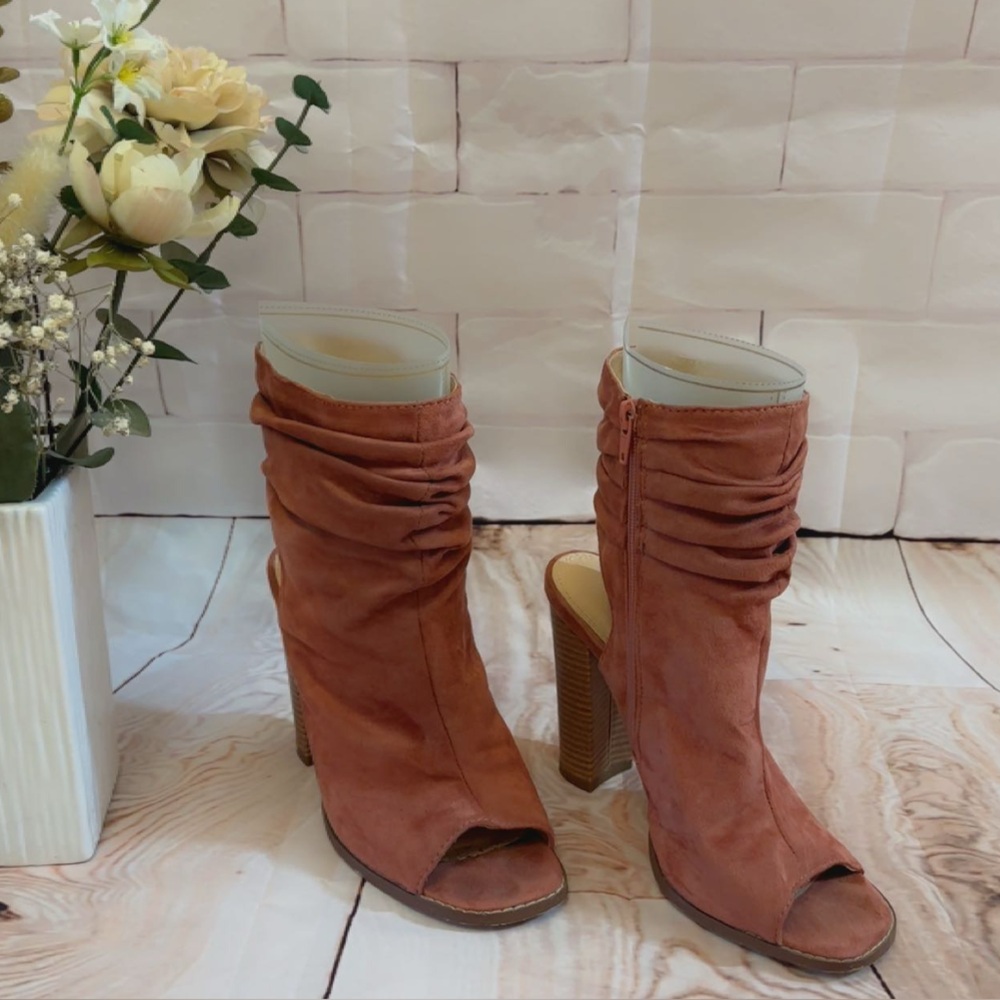 Revamped Suede Peep-Toe Slouch Booties in Rust
